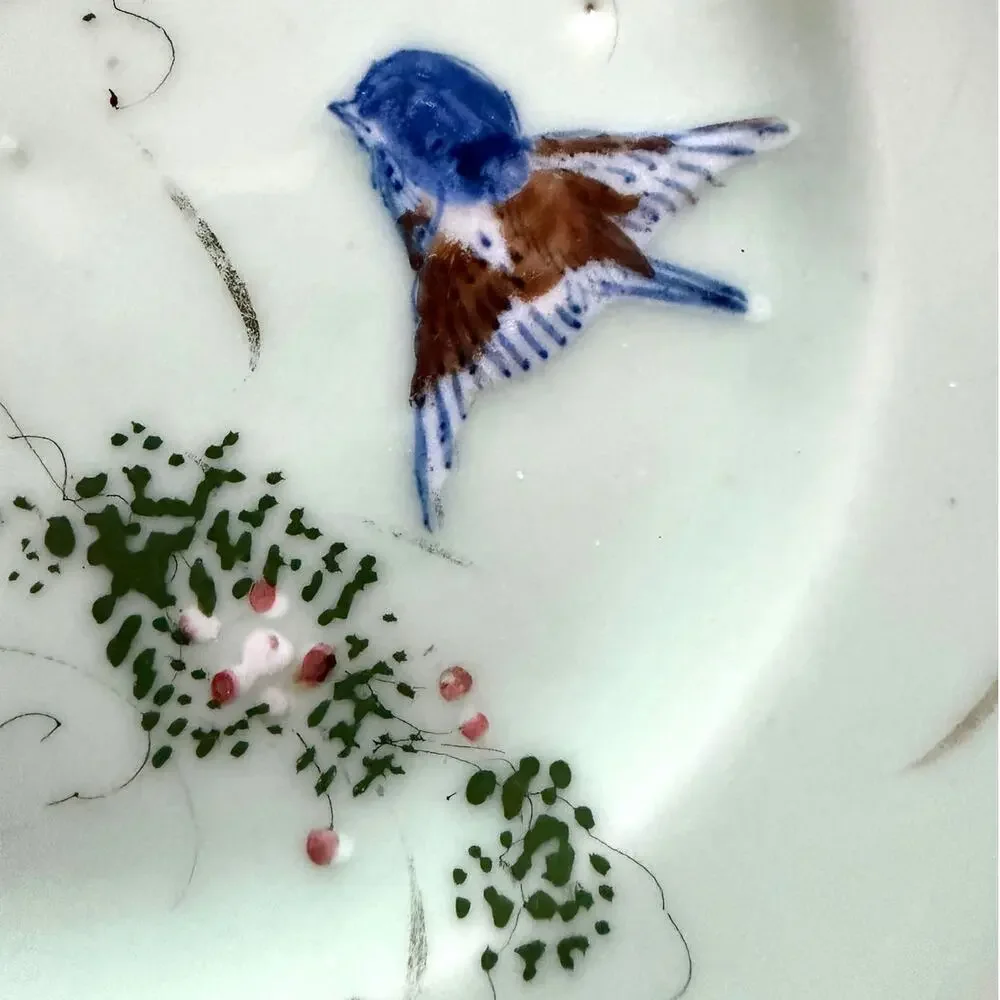 Antique Japanese Hand Painted Celadon Jade Plate Floral Raised Painting Bird